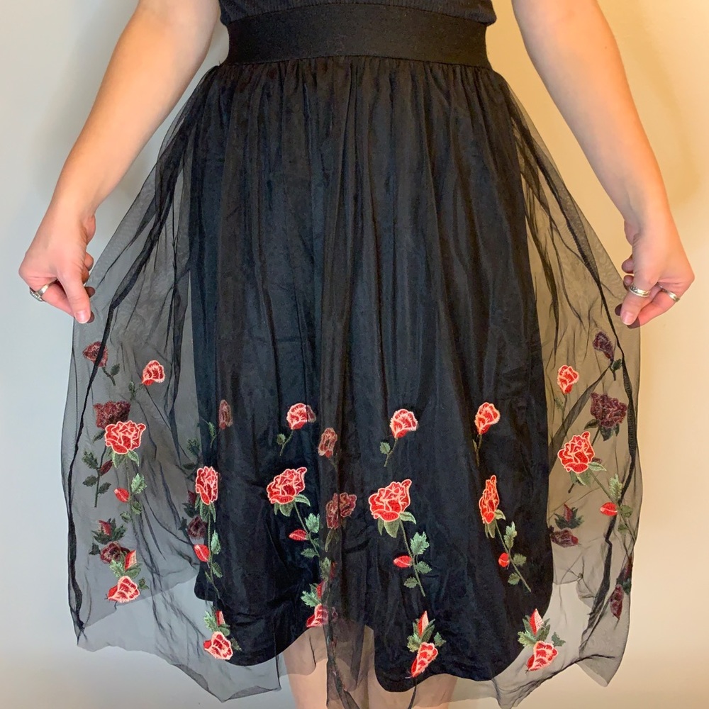 Francescas Black Tulle Skirt with Embroidered Roses